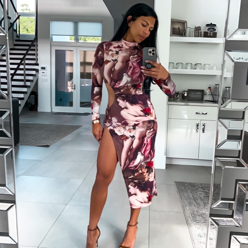 Sexy cherub and floral design midi with high collar and thigh high slit